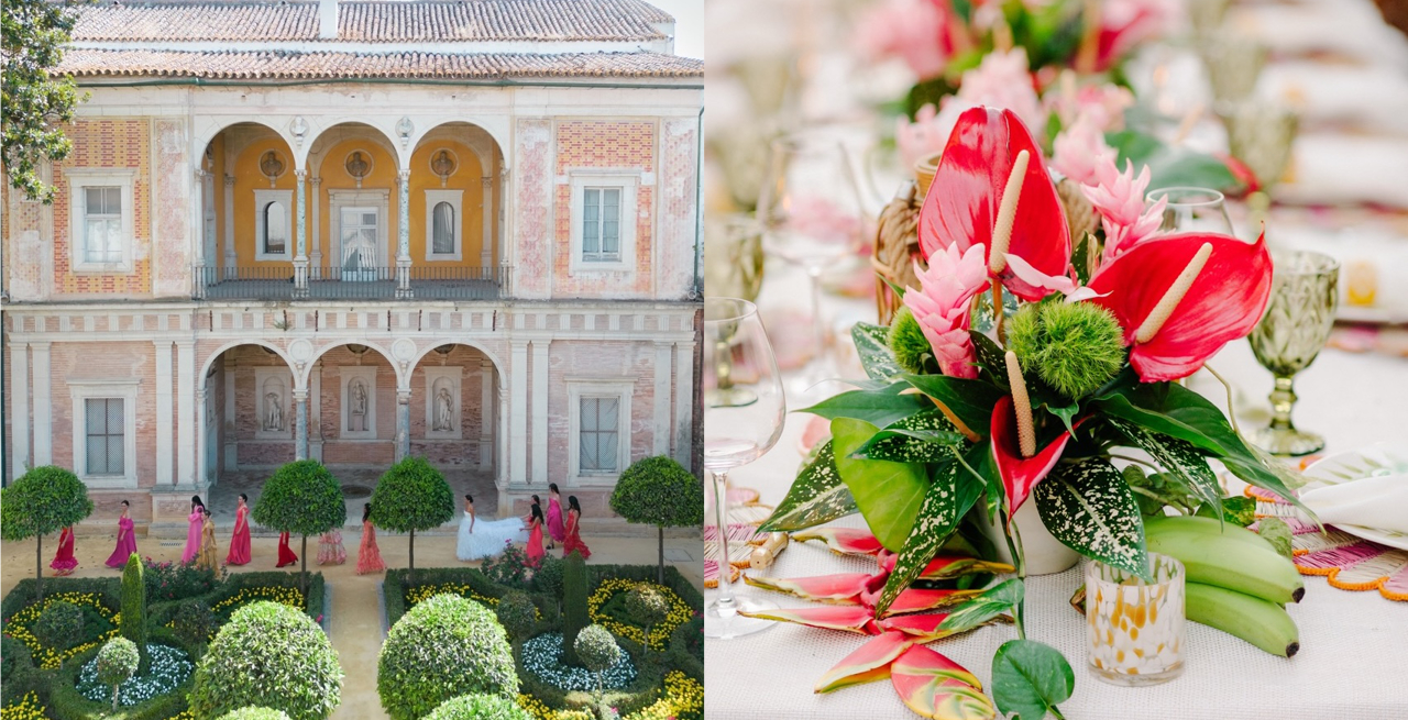 Bridal party walking through a courtyard. Closeup of a floral arrangement.